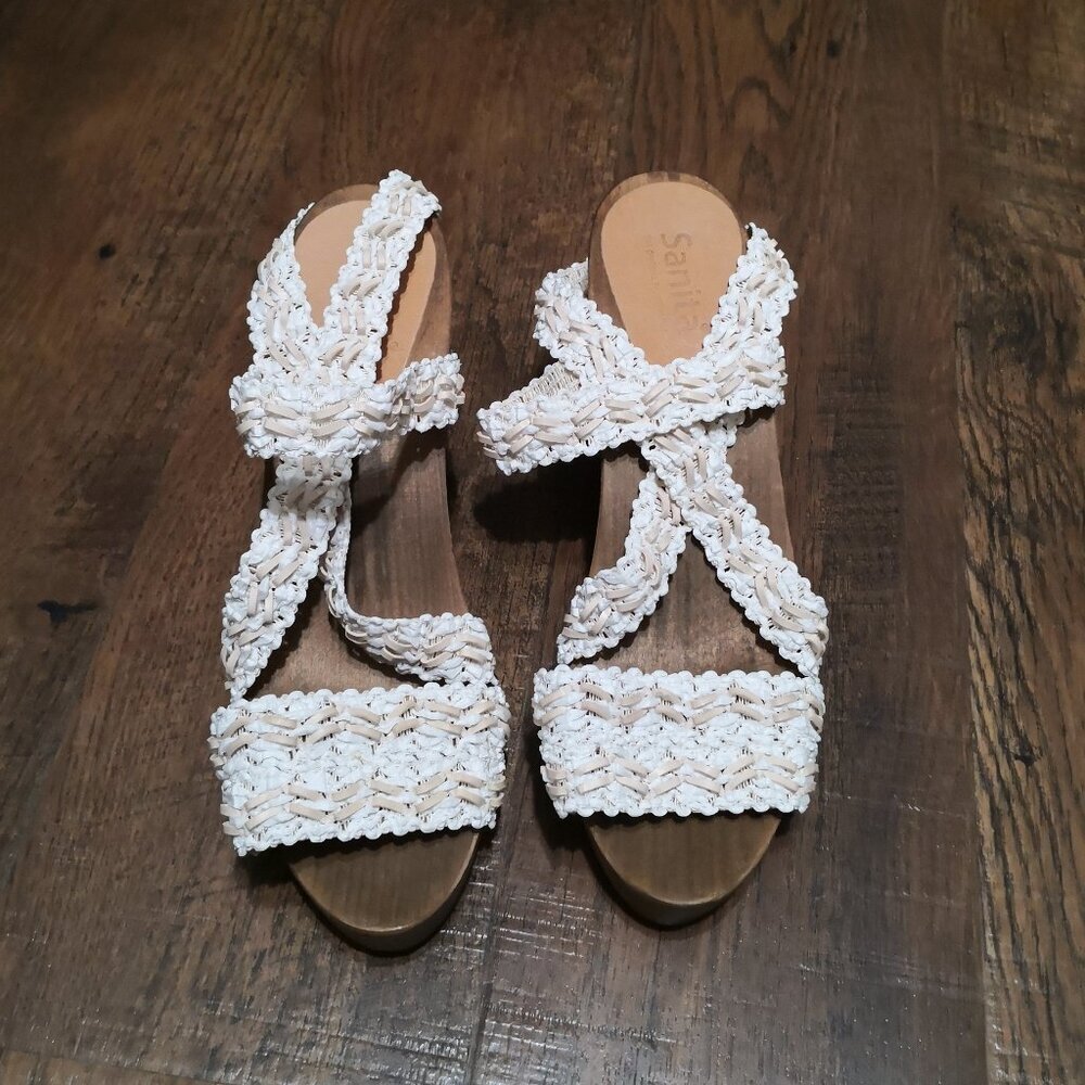 Sanita Kristen‎ Wood Plateau Sandals White Woven Strap Slip-On Size EU40/US9-9.5
